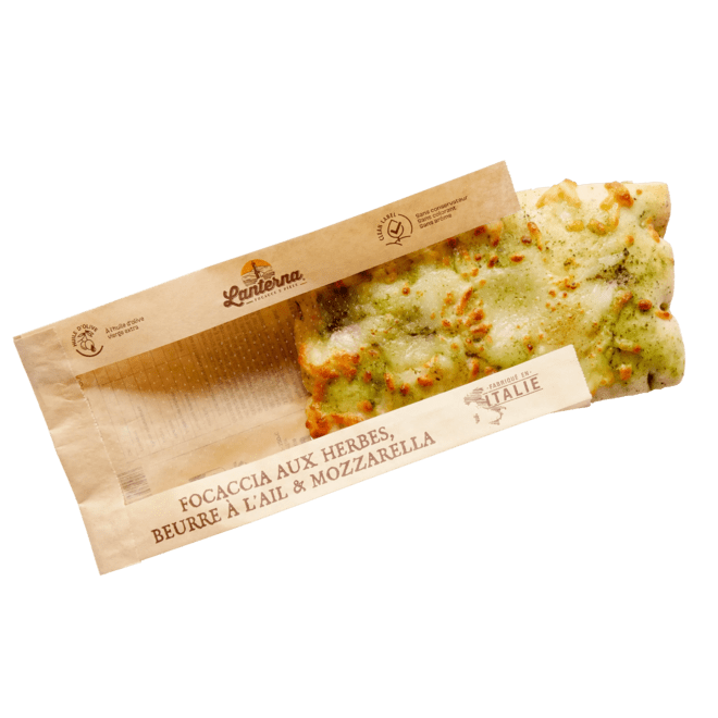 Focaccia monoportion aux herbes, beurre à l'ail et mozzarella